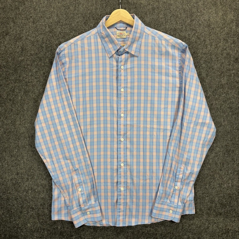 Faherty Movement Button Up Shirt Mens Large Plaid Stretch Lightweight Blue